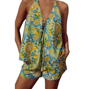 Runaway Nikko Top Women S Anacapri Lemon Tie-Front Open Back Halter Vacation NWT